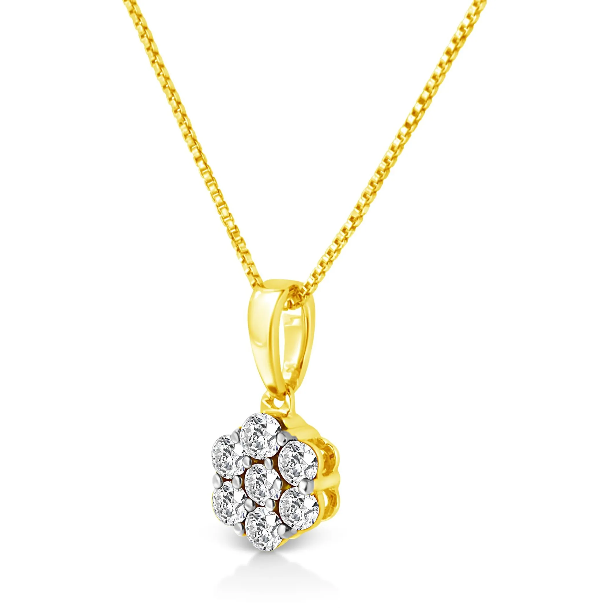 14K Yellow Gold 1/4 Cttw Prong Set Round-Cut Diamond 7 Stone Floral Cluster 18" Pendant Necklace (H-I Color, I1-I2 Clarity)