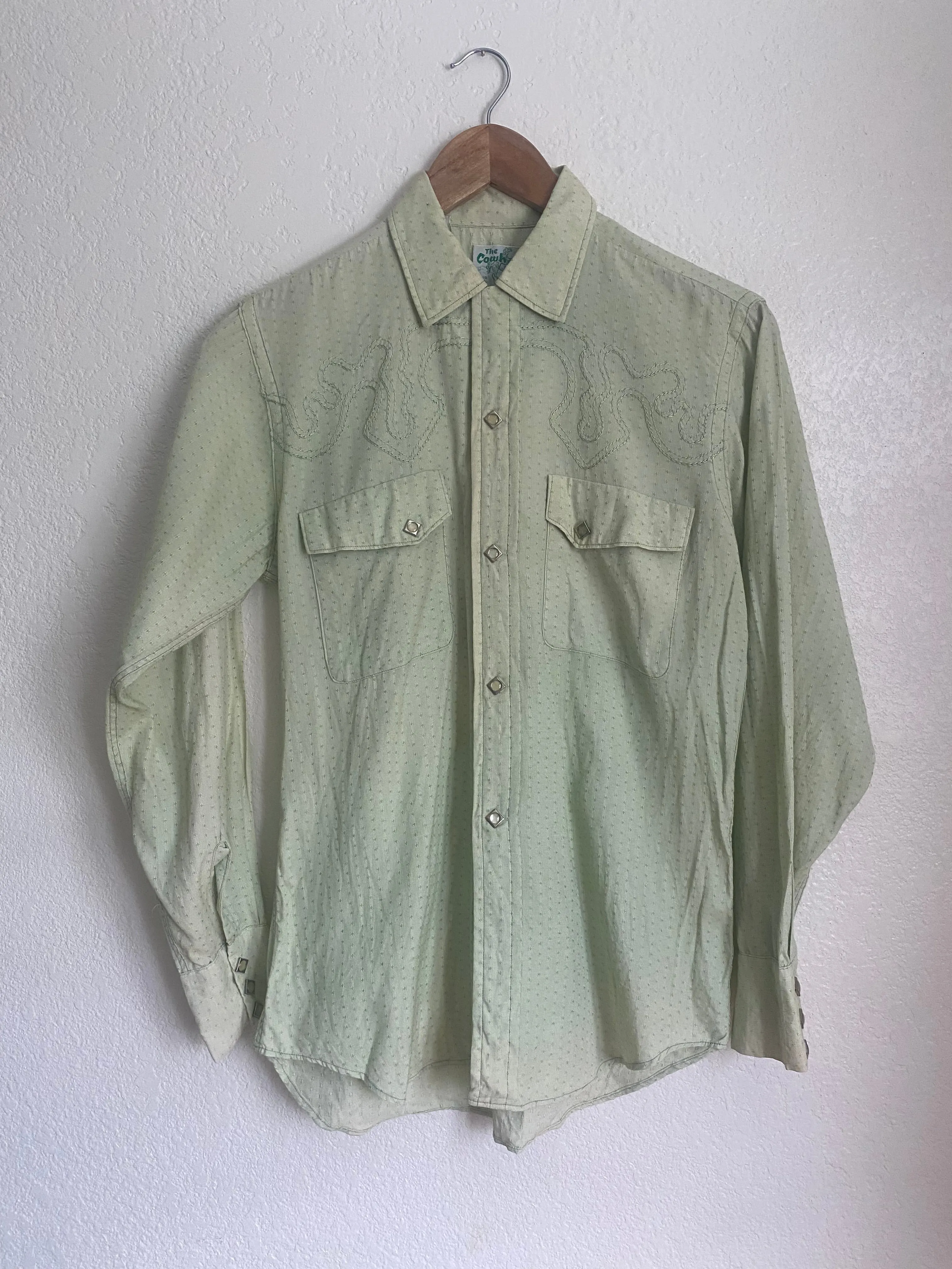 1960s The Cowhand Western chain stitch pearl snaps button up light green small