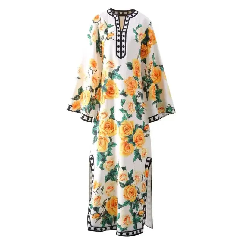 2024 Clothes Designer Floral Print Loose Bat Sleeve Maxi Dresses For Women