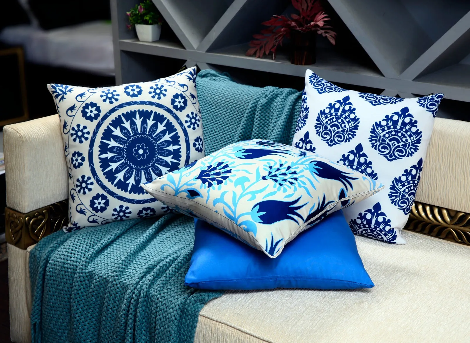 4 PCs Digital Printed Cotton Cushions-Blue Branco