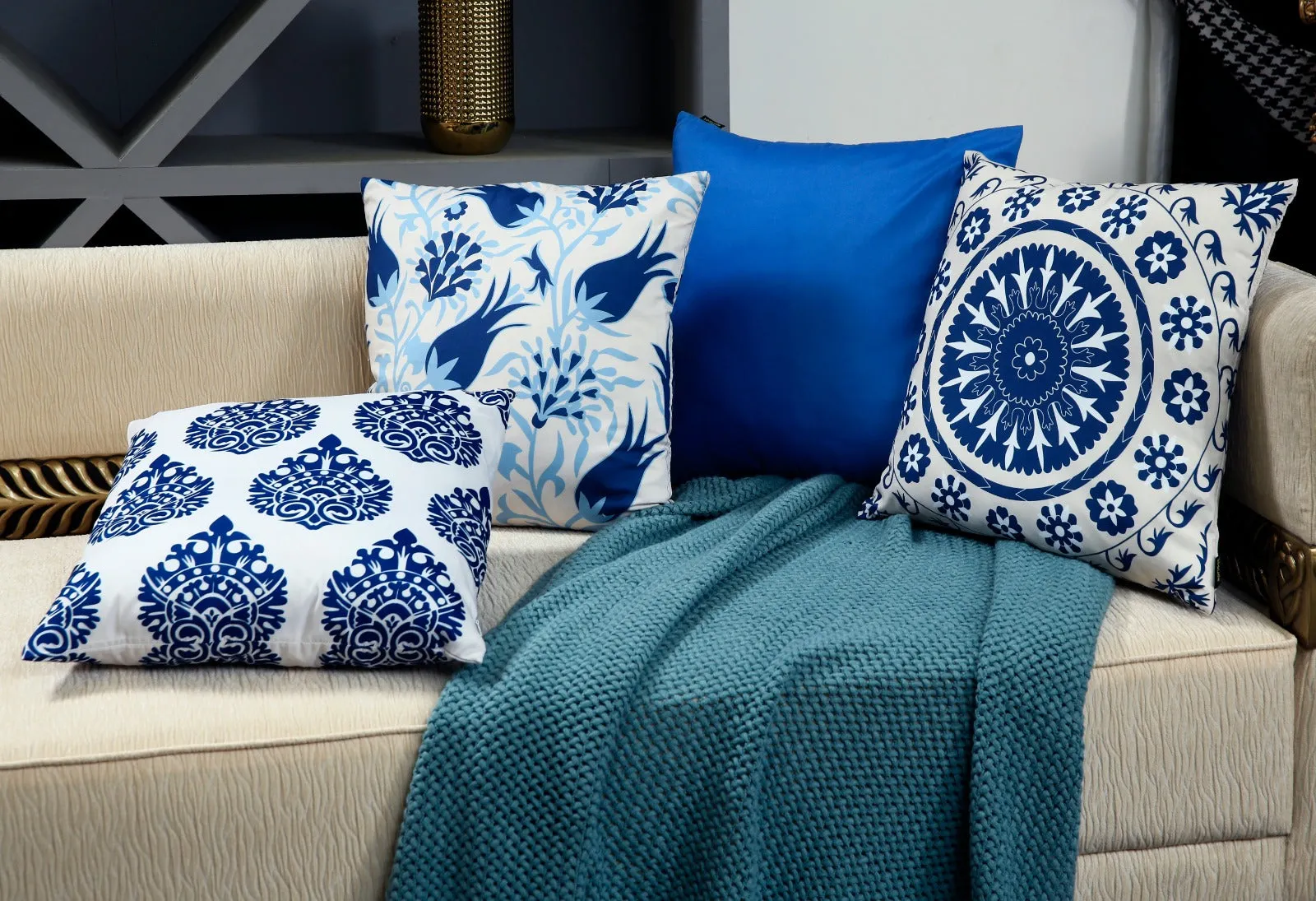 4 PCs Digital Printed Cotton Cushions-Blue Branco