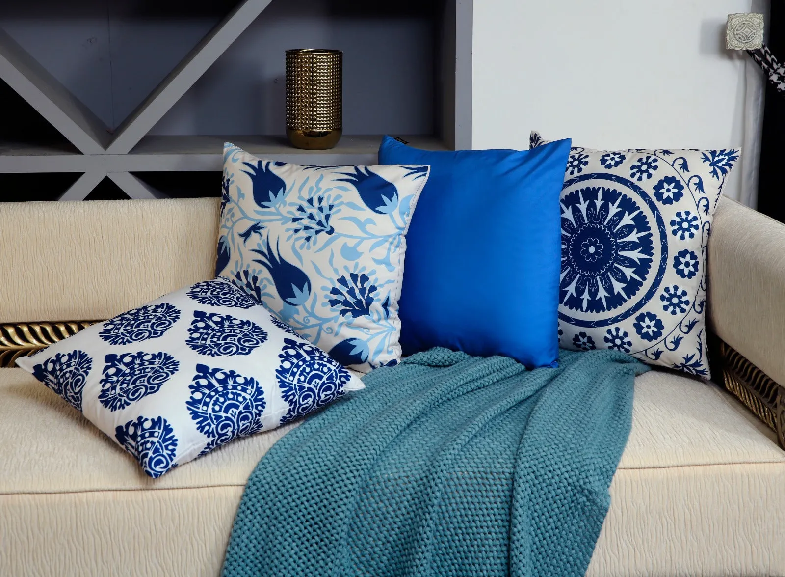 4 PCs Digital Printed Cotton Cushions-Blue Branco