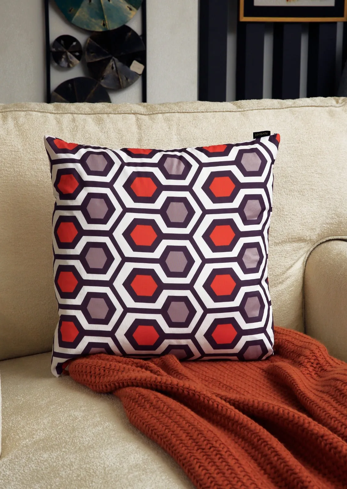 4 PCs Digital Printed Cotton Cushions-Orange Geometric