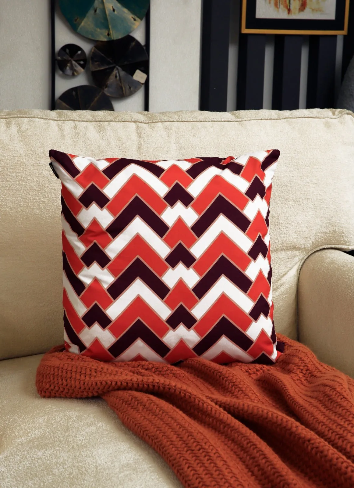 4 PCs Digital Printed Cotton Cushions-Orange Geometric