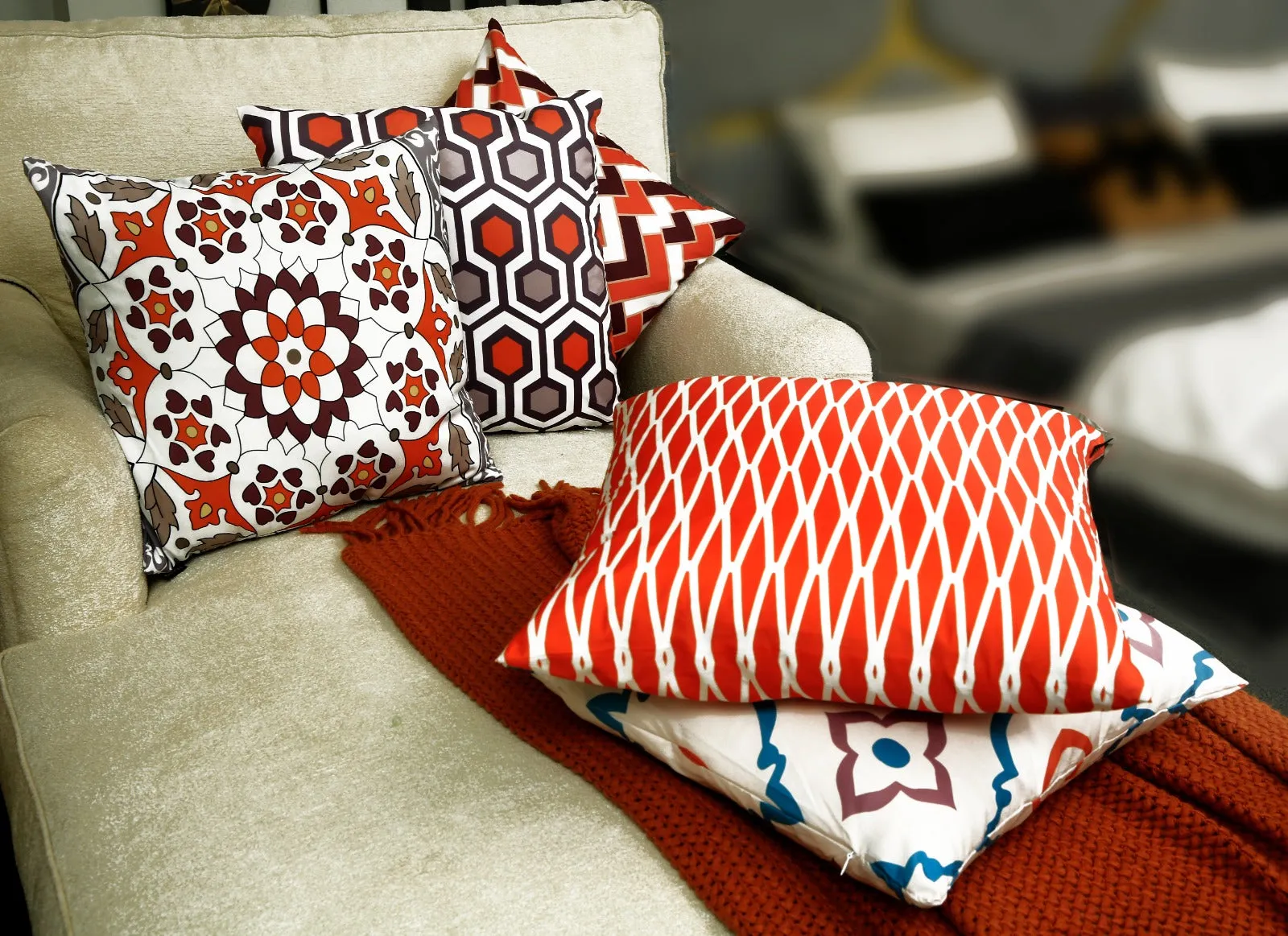 4 PCs Digital Printed Cotton Cushions-Orange Geometric