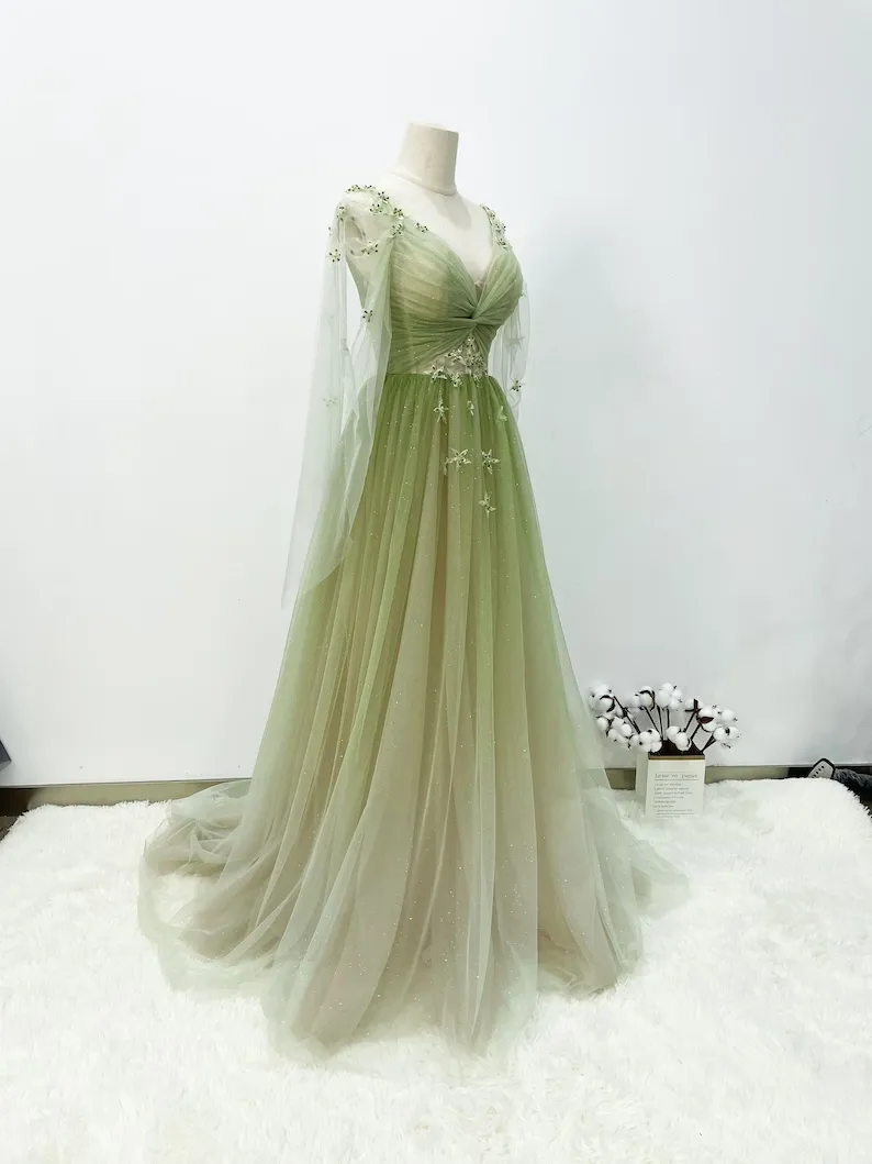 A-line Gradient Green Prom Gown, Soft Glitter Tulle Party Dress     fg4554