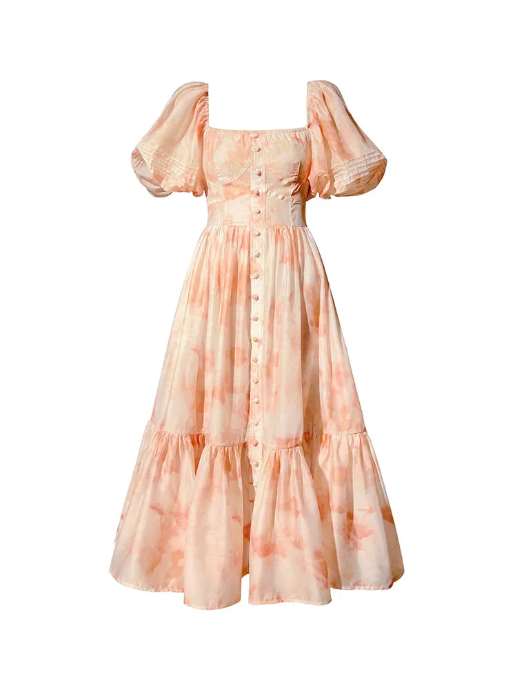 Aconiconi｜Romantic elegant French puff sleeve off-shoulder high-end midi dress - Flower Moon