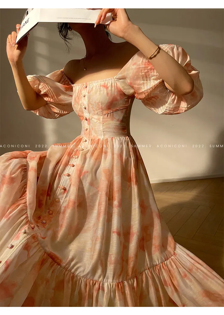 Aconiconi｜Romantic elegant French puff sleeve off-shoulder high-end midi dress - Flower Moon