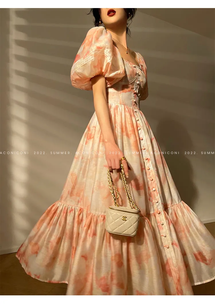 Aconiconi｜Romantic elegant French puff sleeve off-shoulder high-end midi dress - Flower Moon