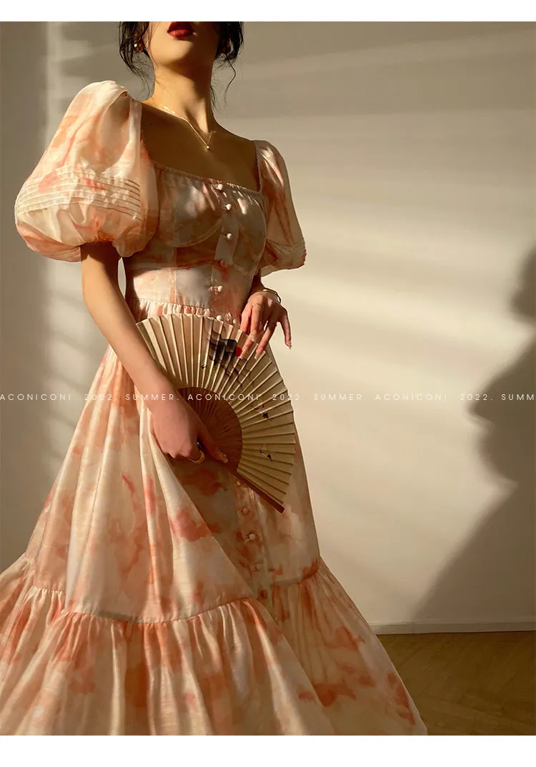 Aconiconi｜Romantic elegant French puff sleeve off-shoulder high-end midi dress - Flower Moon