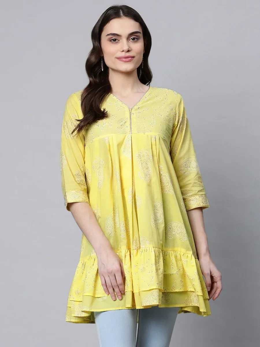 Ahalyaa Women Yellow Cotton Printed Tunic