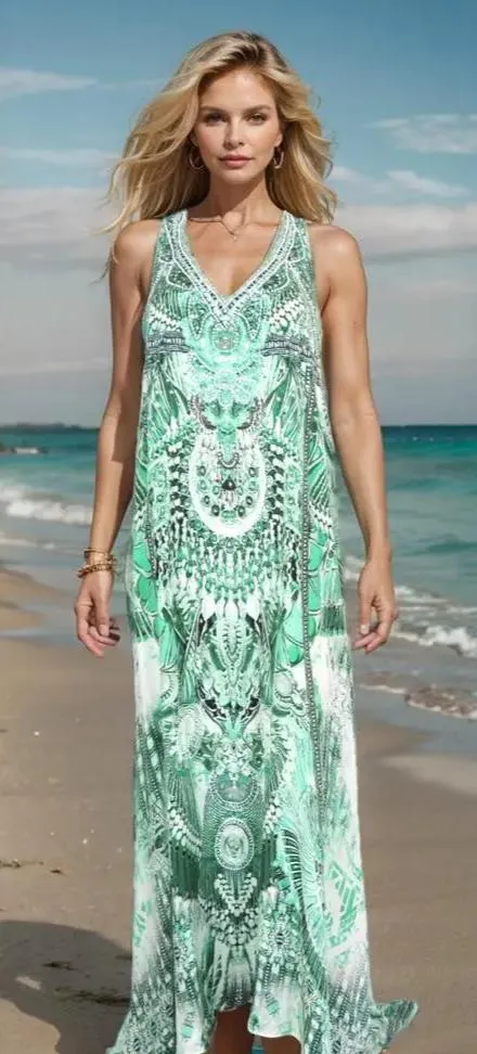 Amara Green long silk Embellished racerback maxi dress