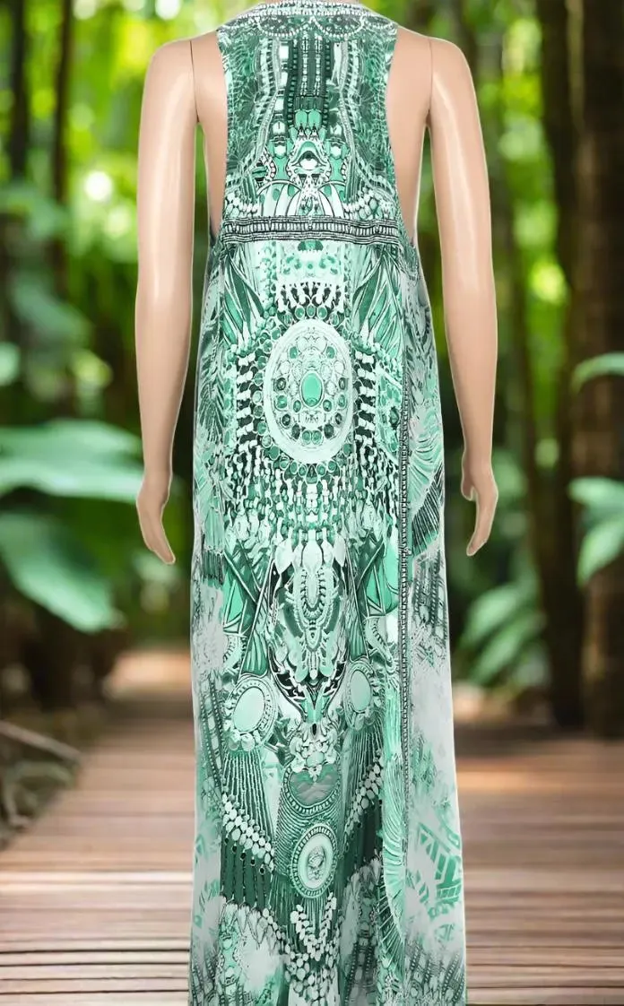 Amara Green long silk Embellished racerback maxi dress