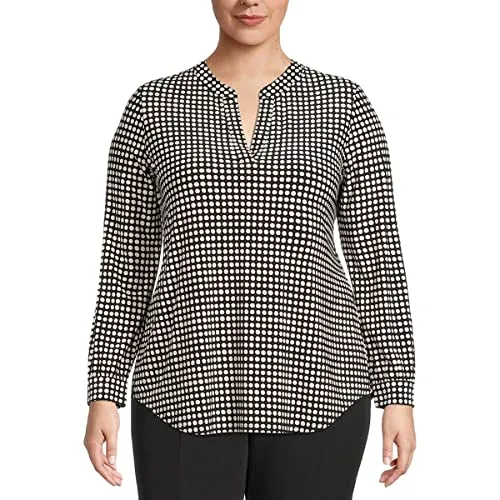 Anne Klein Women's Plus Size Printed ITY Split Neck Tunic, Black, 0X