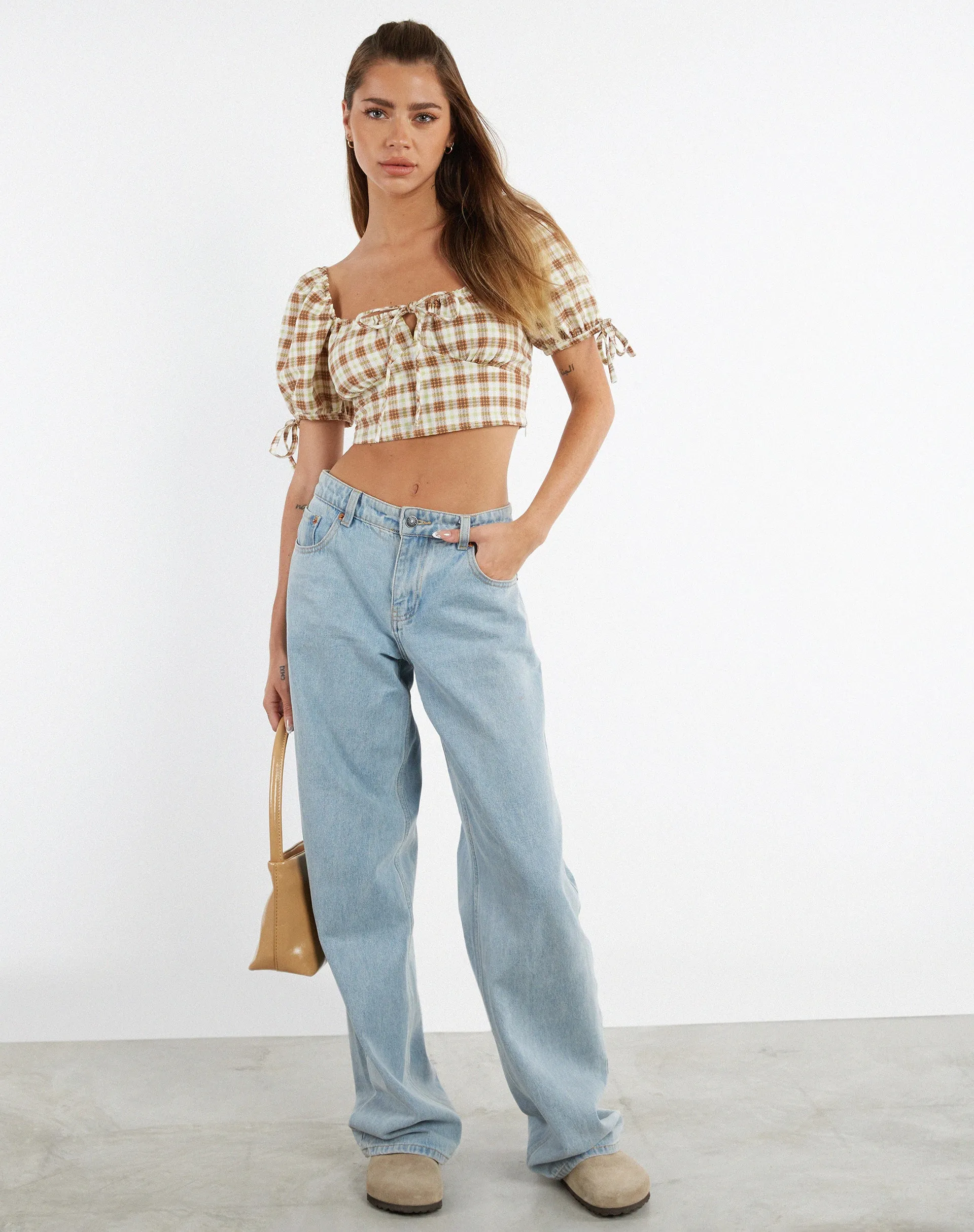 Auri Crop Top in Yellow Brown Check