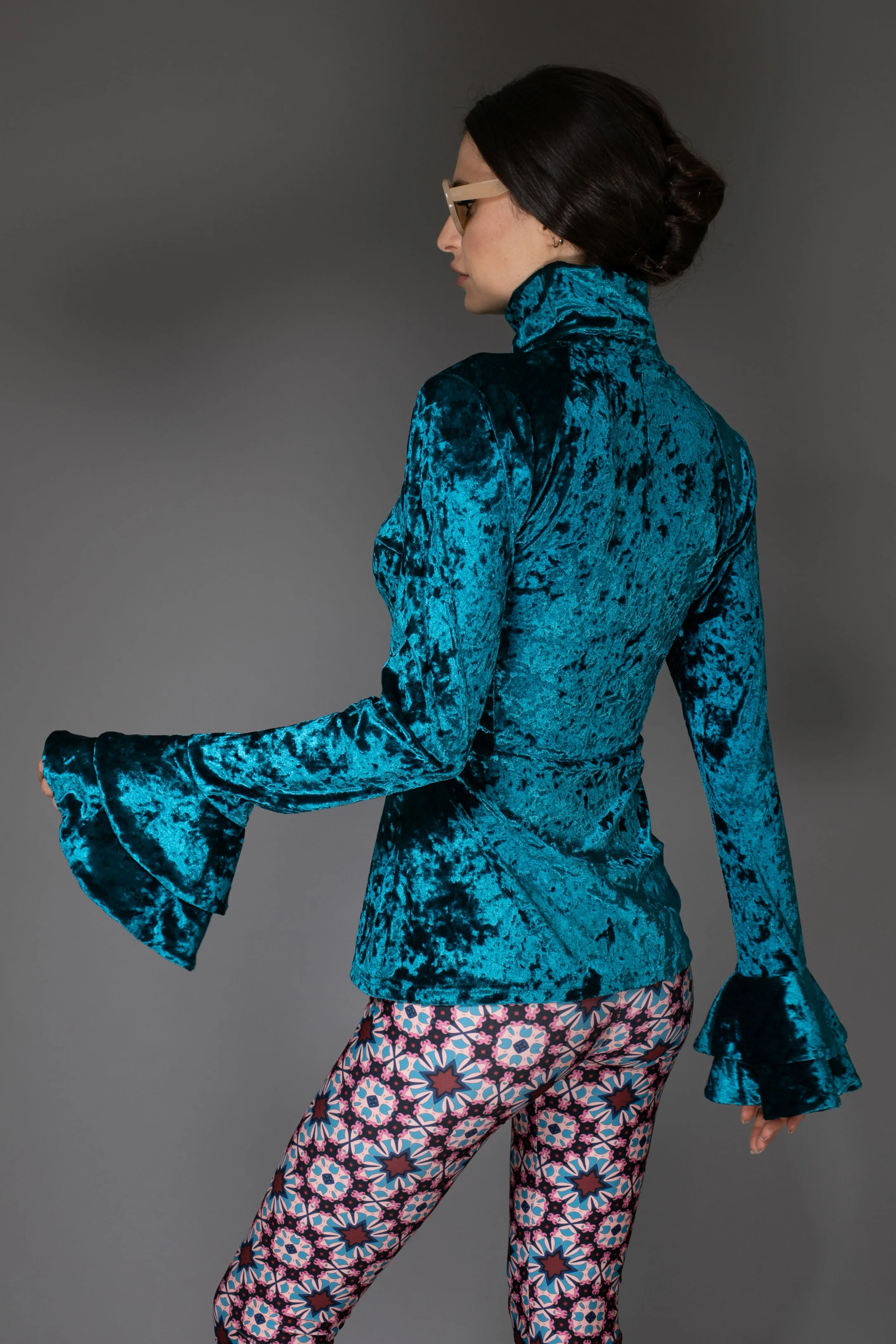 AW Velvet Top - Blue Flare Ruffle Long-Sleeve