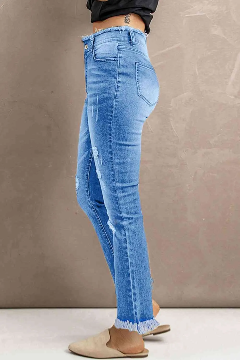 Baeful High Waist Distressed Raw Hem Jeans