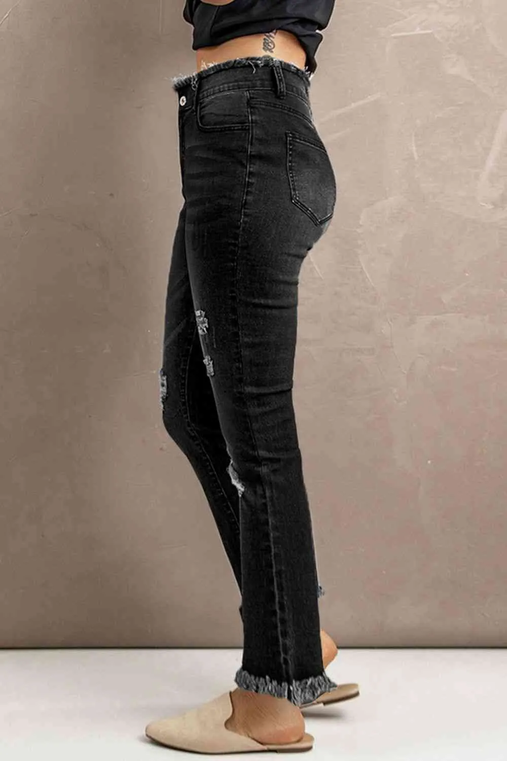 Baeful High Waist Distressed Raw Hem Jeans