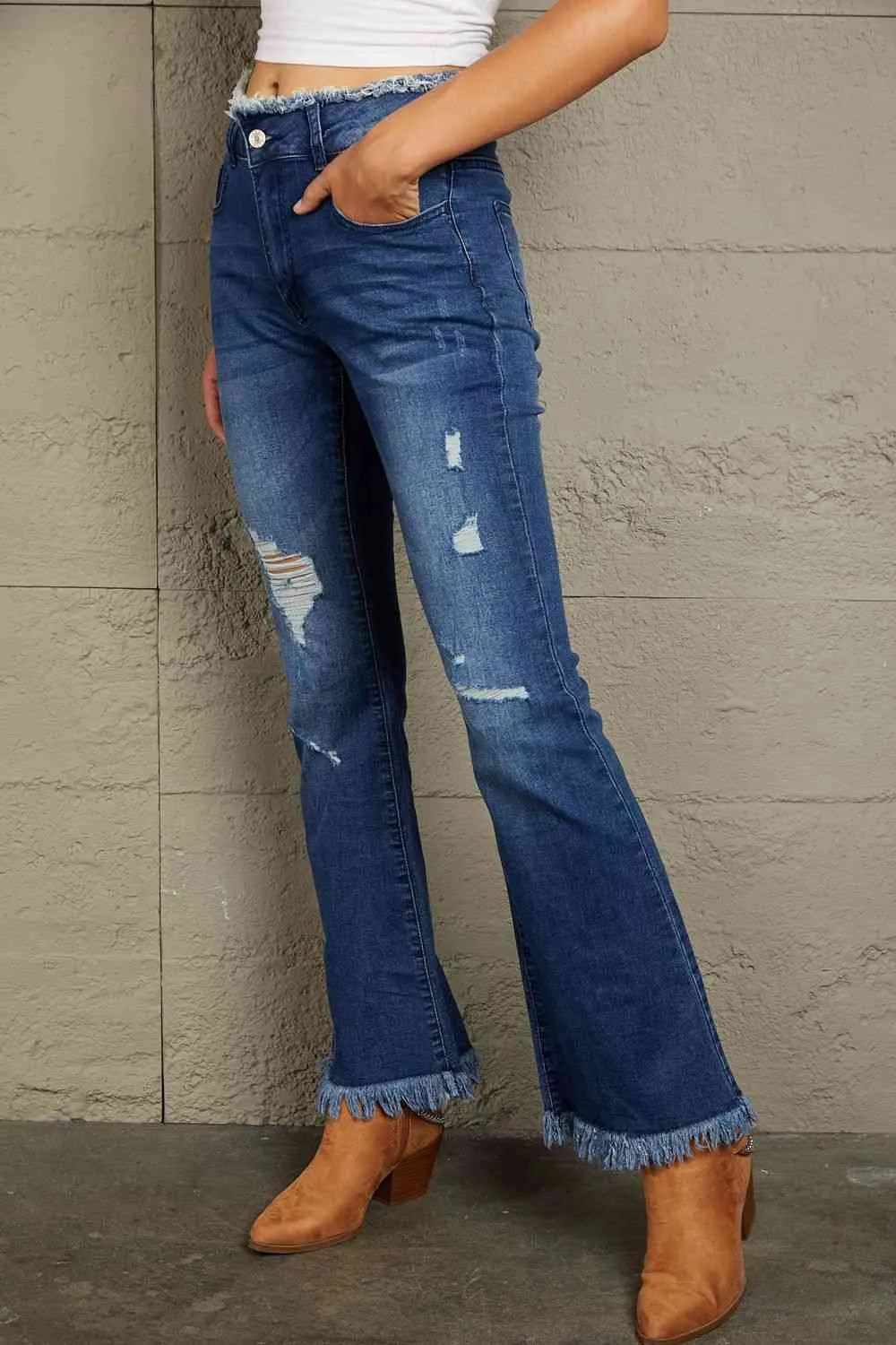 Baeful High Waist Distressed Raw Hem Jeans