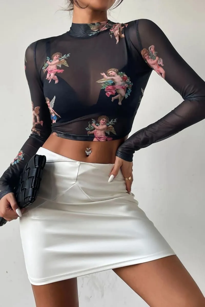 Black Angel Print Transparent Mesh Crop top