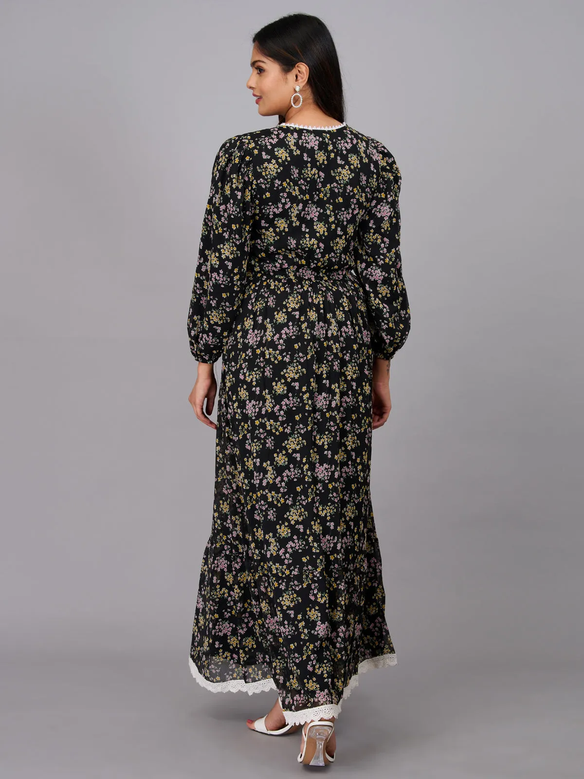 Black Floral Print Maxi Dress (GBKU5234)