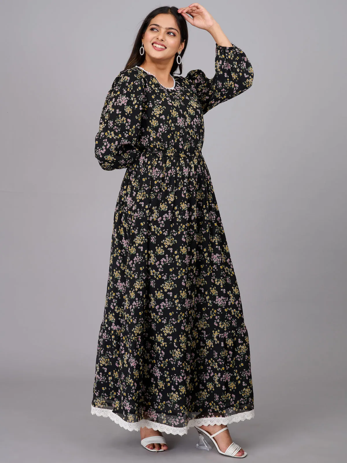 Black Floral Print Maxi Dress (GBKU5234)