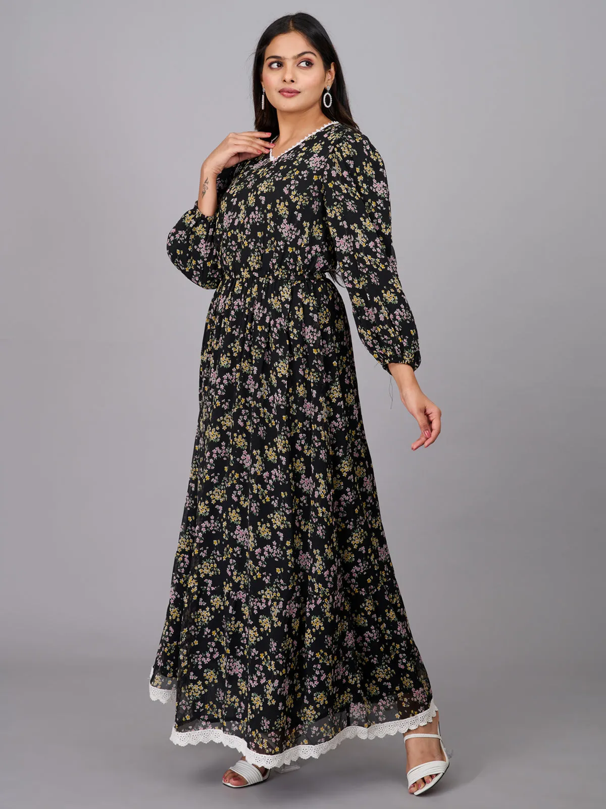 Black Floral Print Maxi Dress (GBKU5234)