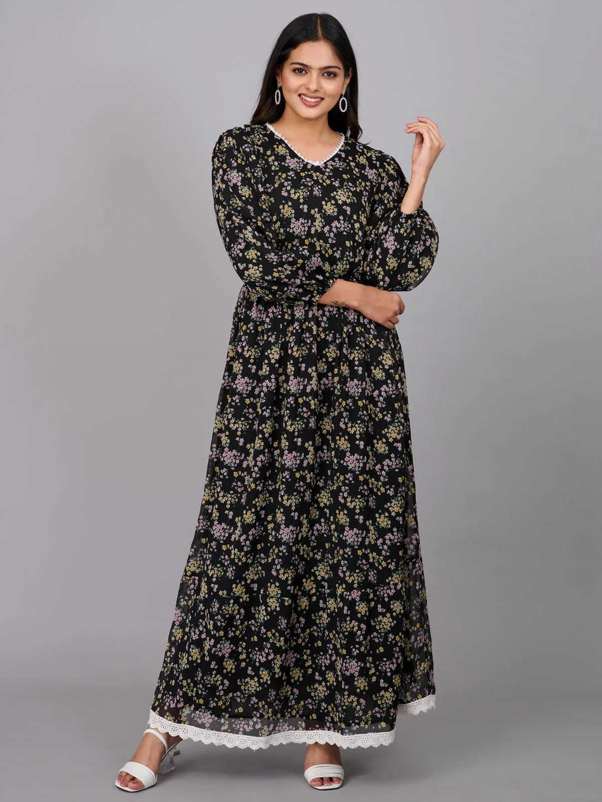 Black Floral Print Maxi Dress (GBKU5234)