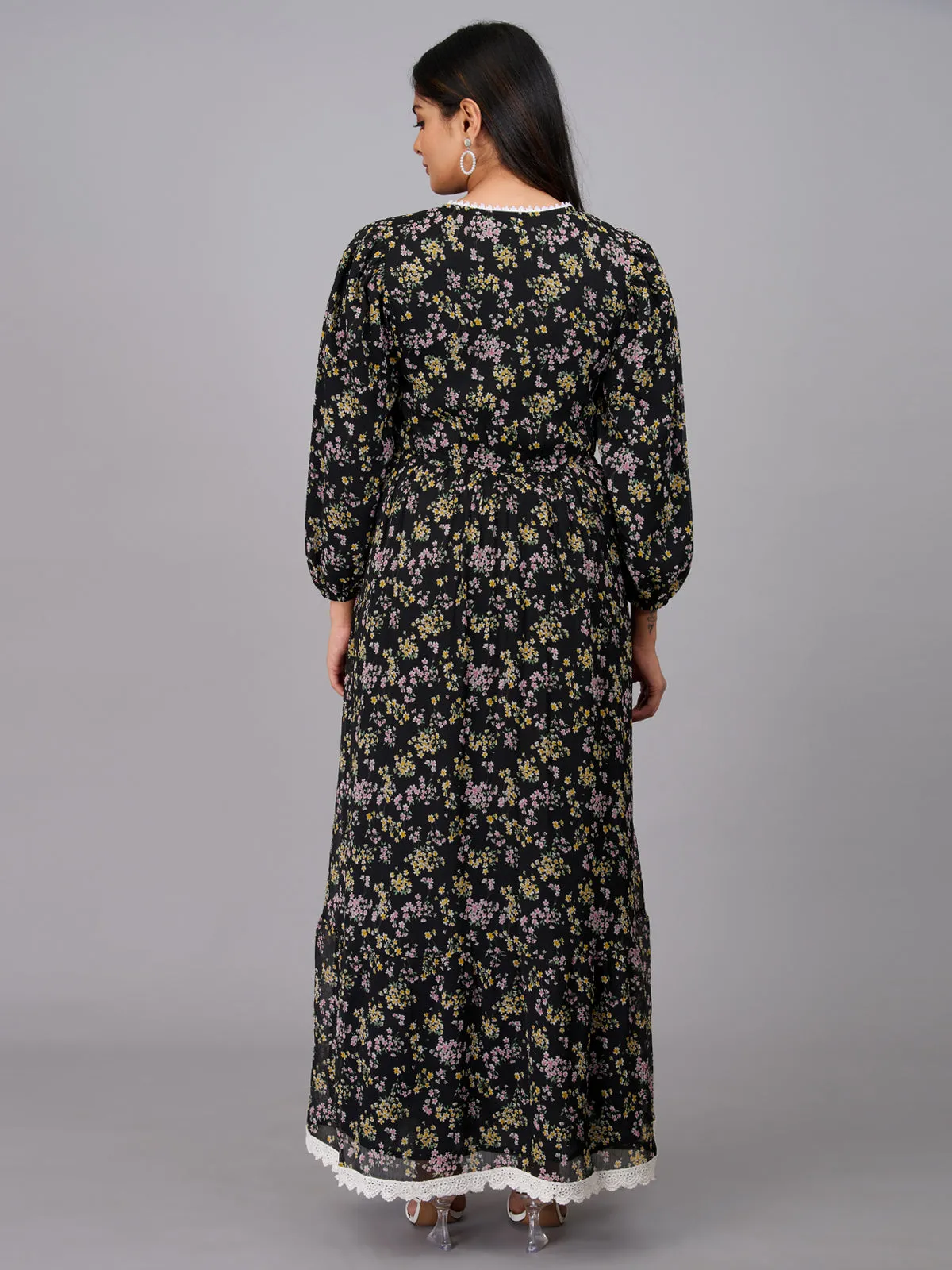 Black Floral Print Maxi Dress (GBKU5234)