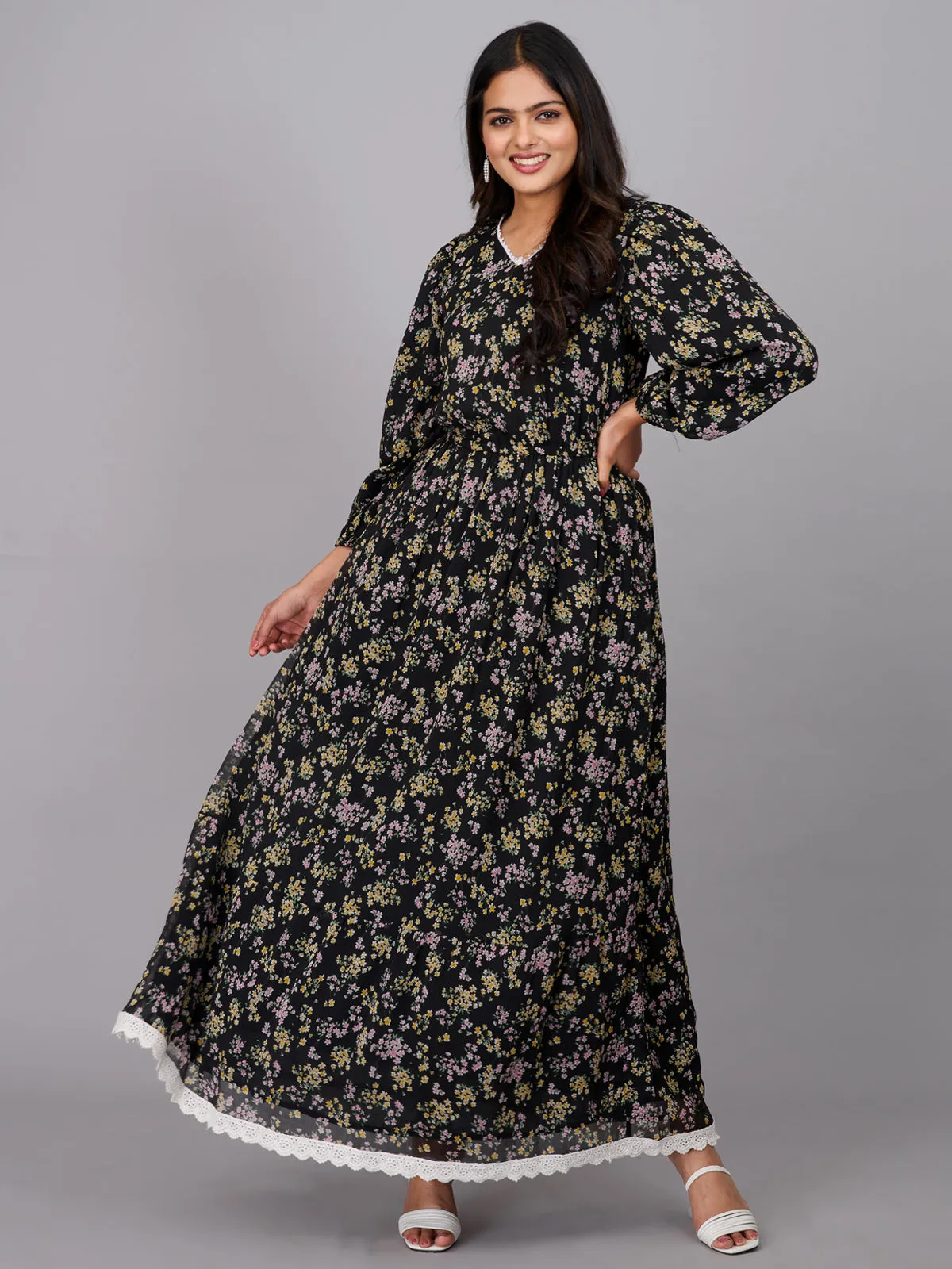 Black Floral Print Maxi Dress (GBKU5234)