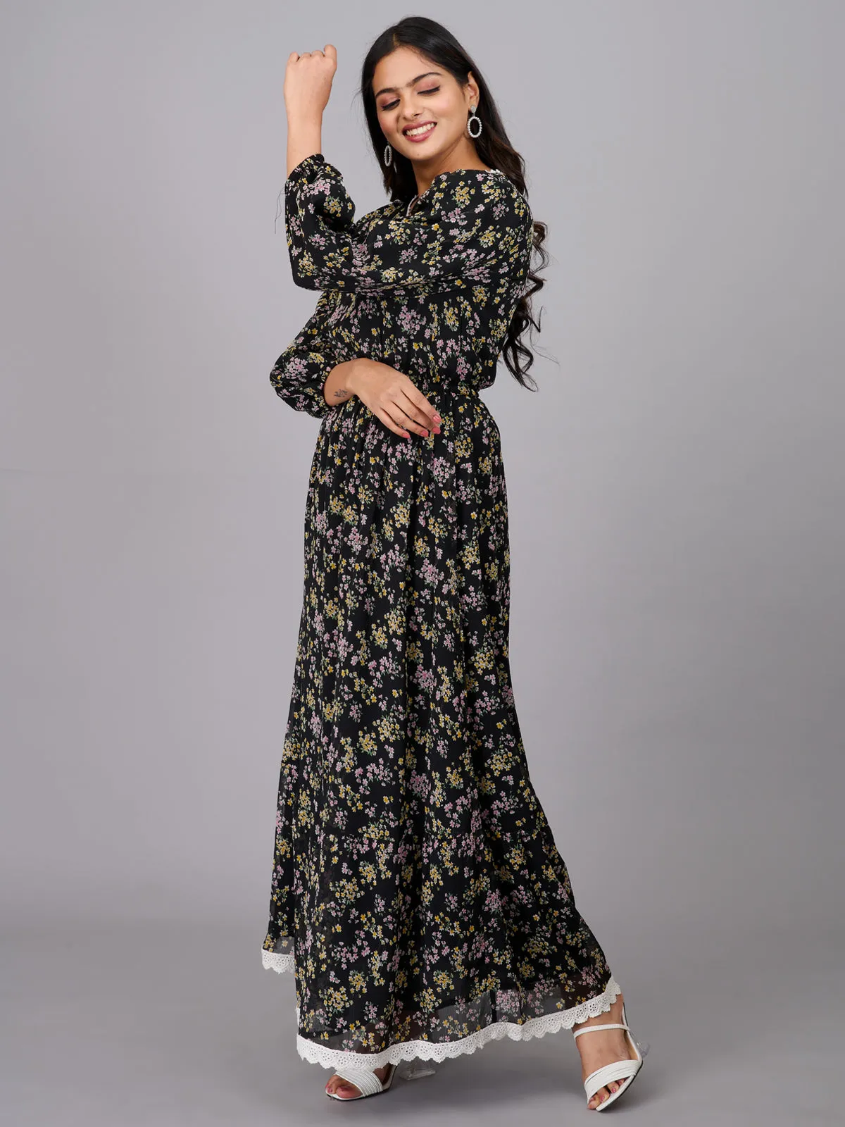 Black Floral Print Maxi Dress (GBKU5234)