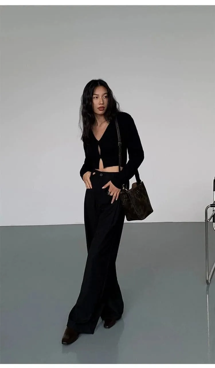 Black High-Waist Straight-Leg Suit Trousers