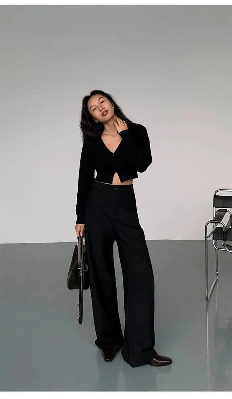 Black High-Waist Straight-Leg Suit Trousers