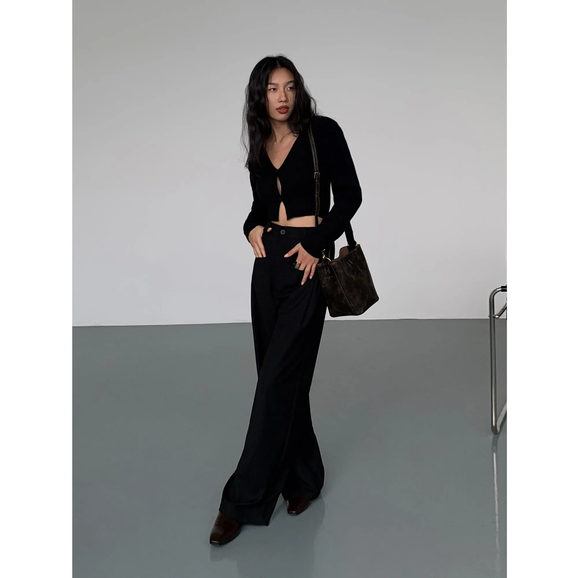 Black High-Waist Straight-Leg Suit Trousers