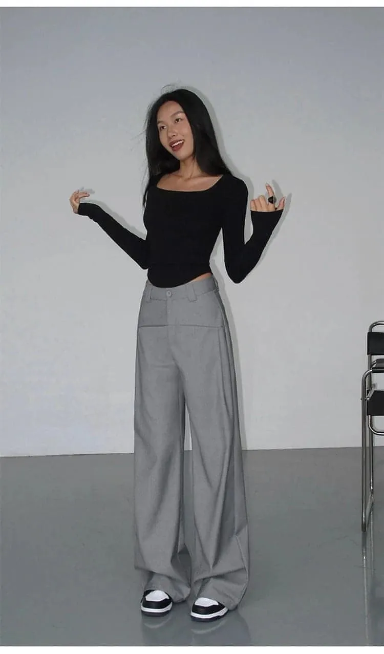 Black High-Waist Straight-Leg Suit Trousers