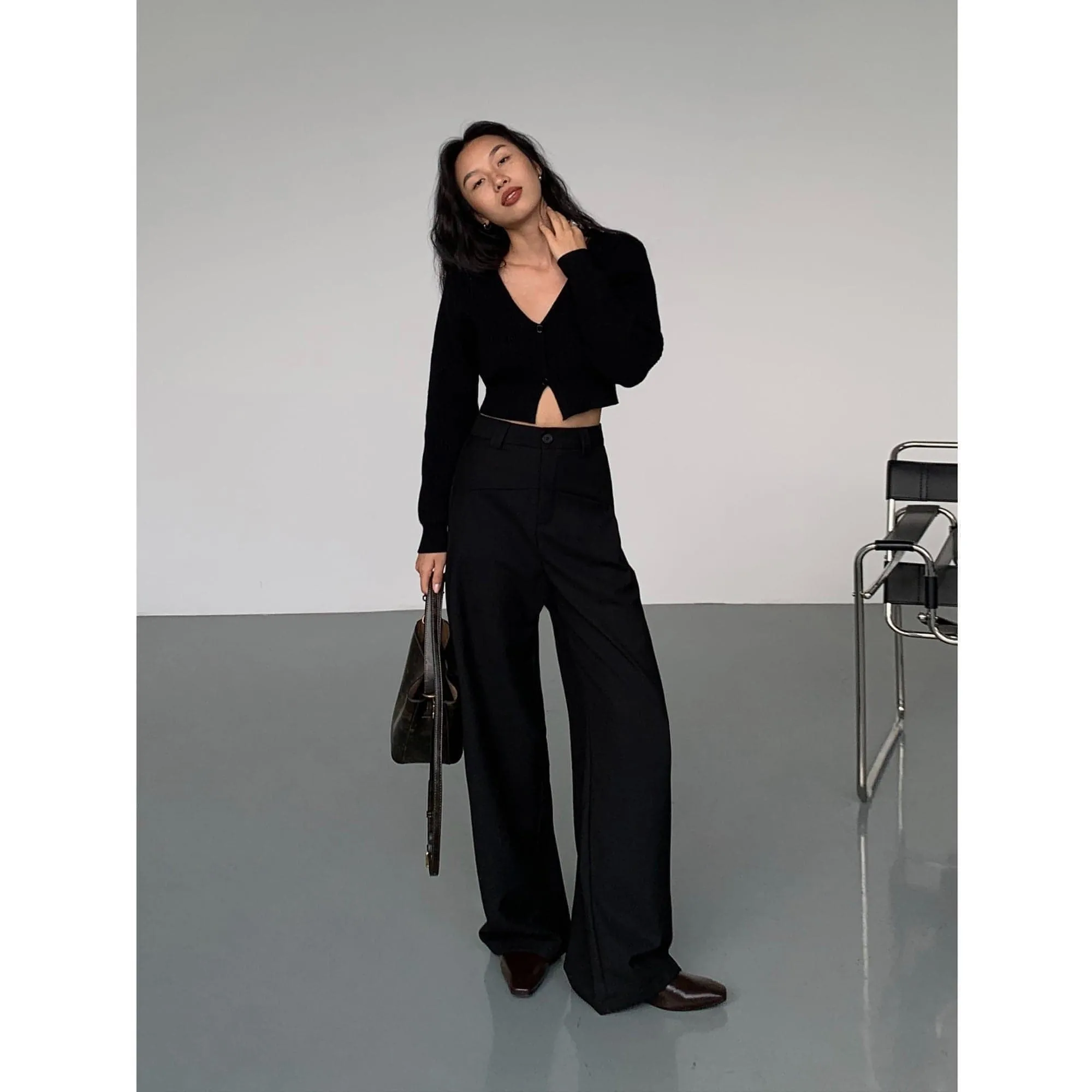 Black High-Waist Straight-Leg Suit Trousers