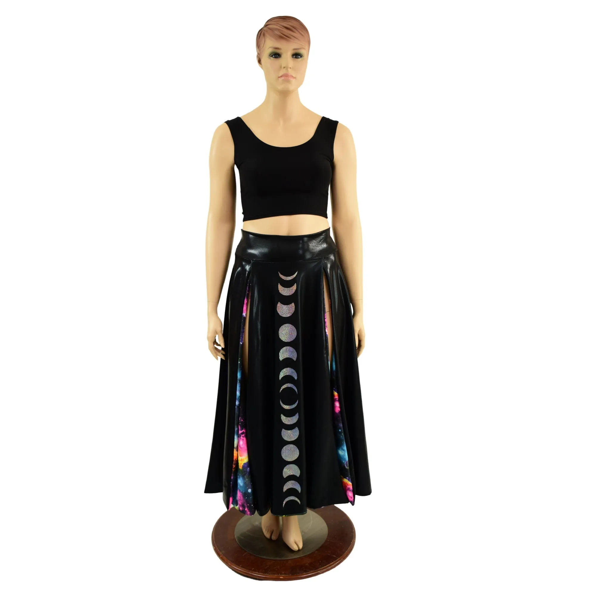 Black Mystique Double Split Skirt with Moon Phases and Galaxy Lining