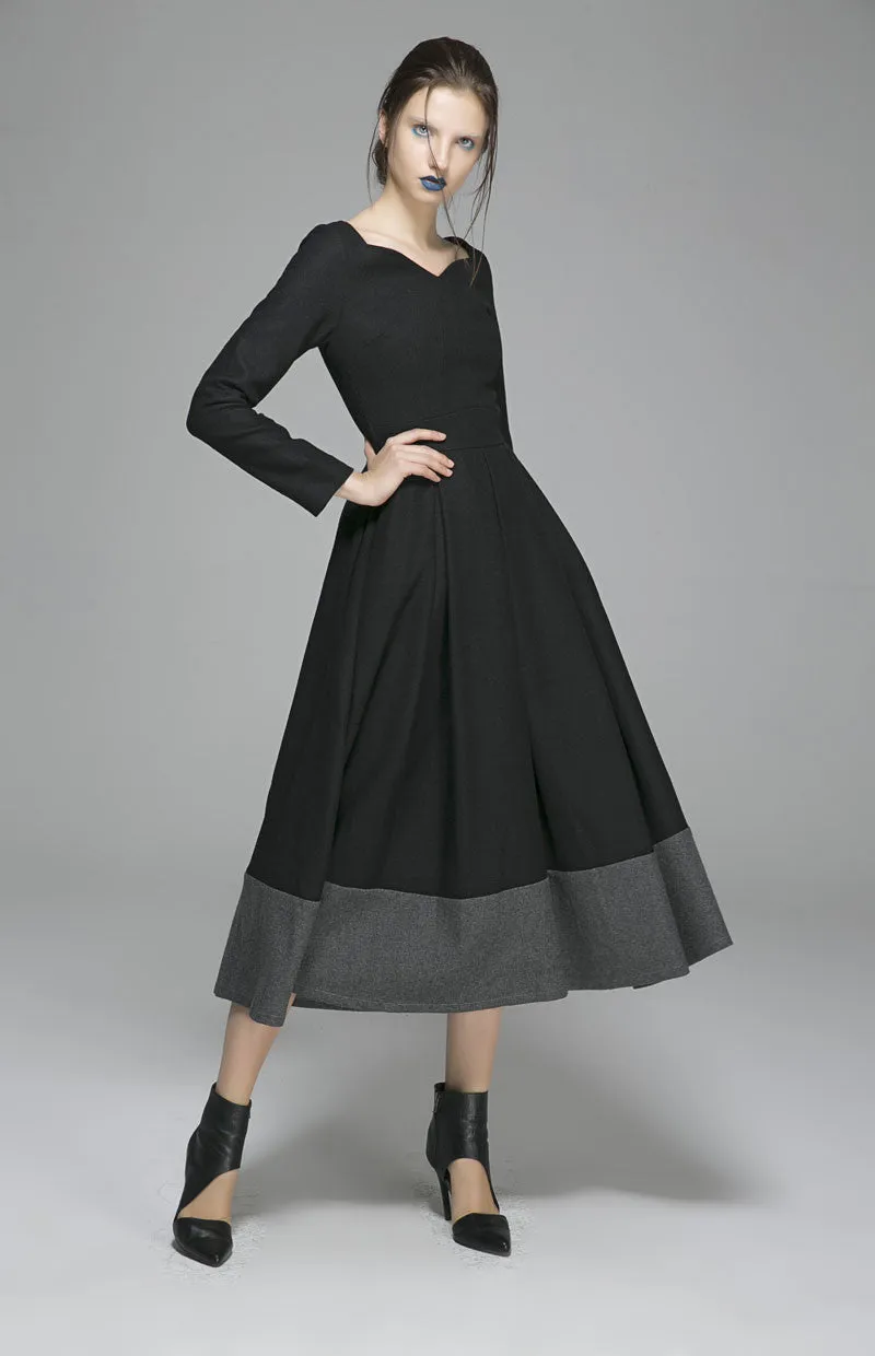 Black wool dress women maxi dress 1359#