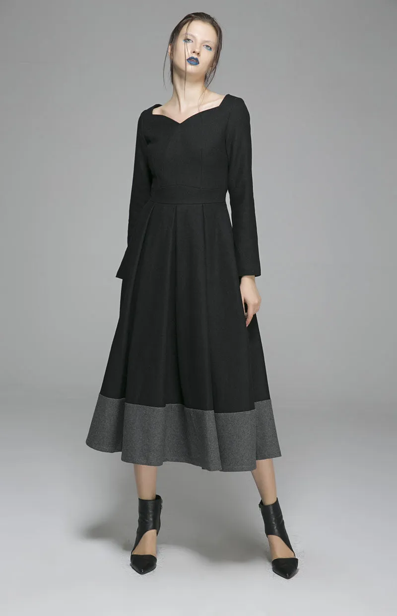 Black wool dress women maxi dress 1359#