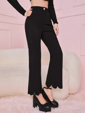 Black Zipper Fly Scallop Hem Flare Leg High Waist Pants