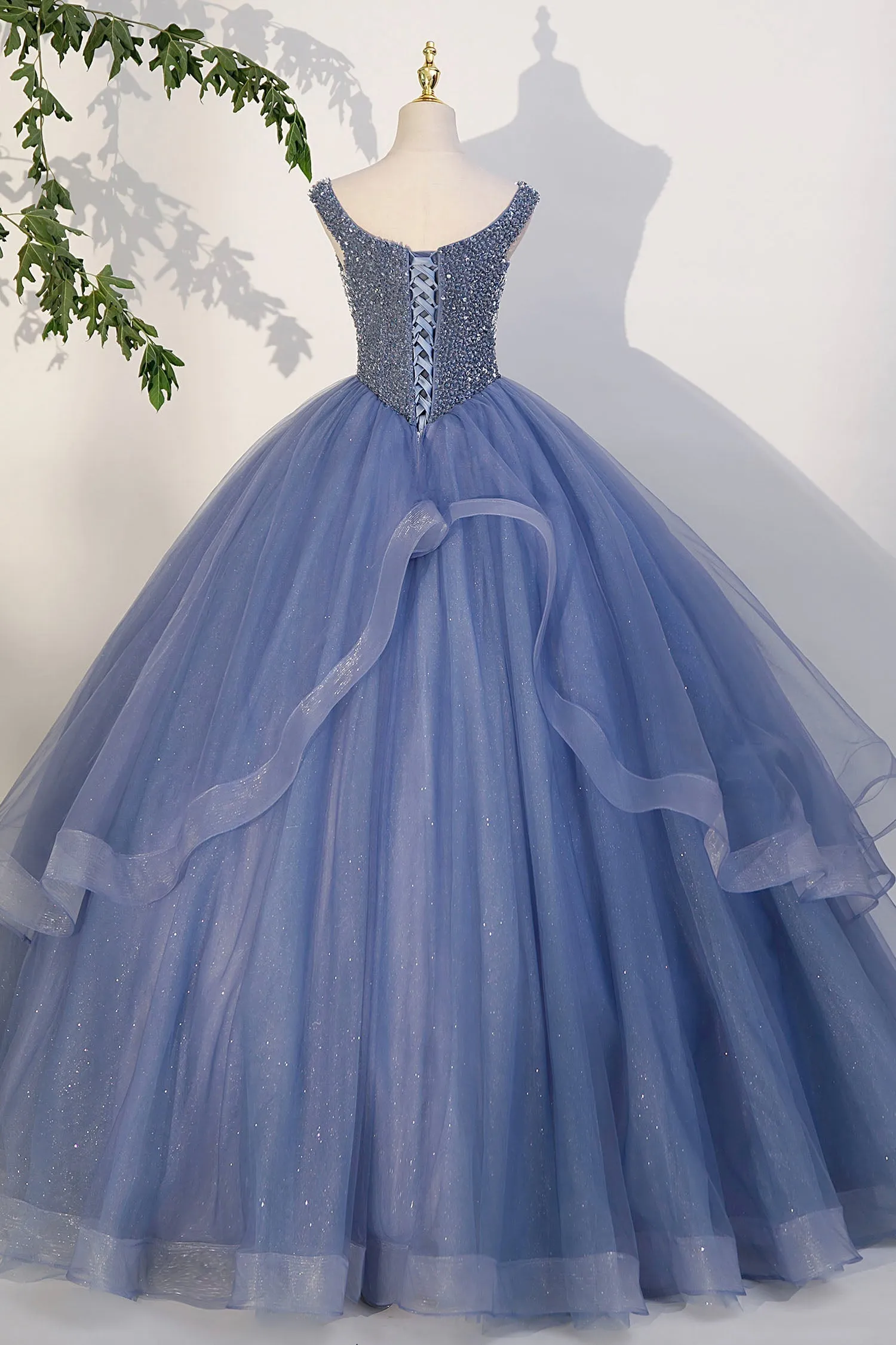 Blue Beaded Tulle Long A-Line Prom Dress, Blue Formal Evening Dress