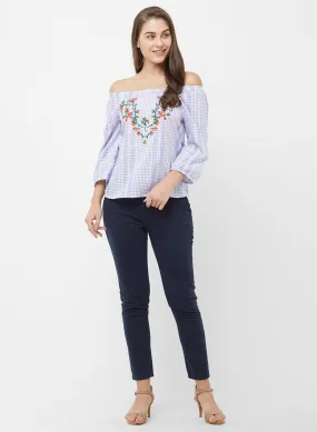 Blue Checkered Top With Embroidery