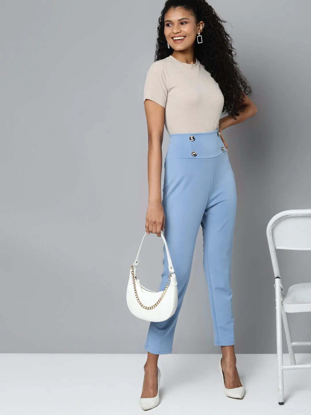 Blue Scuba Front Button High Waist Pants