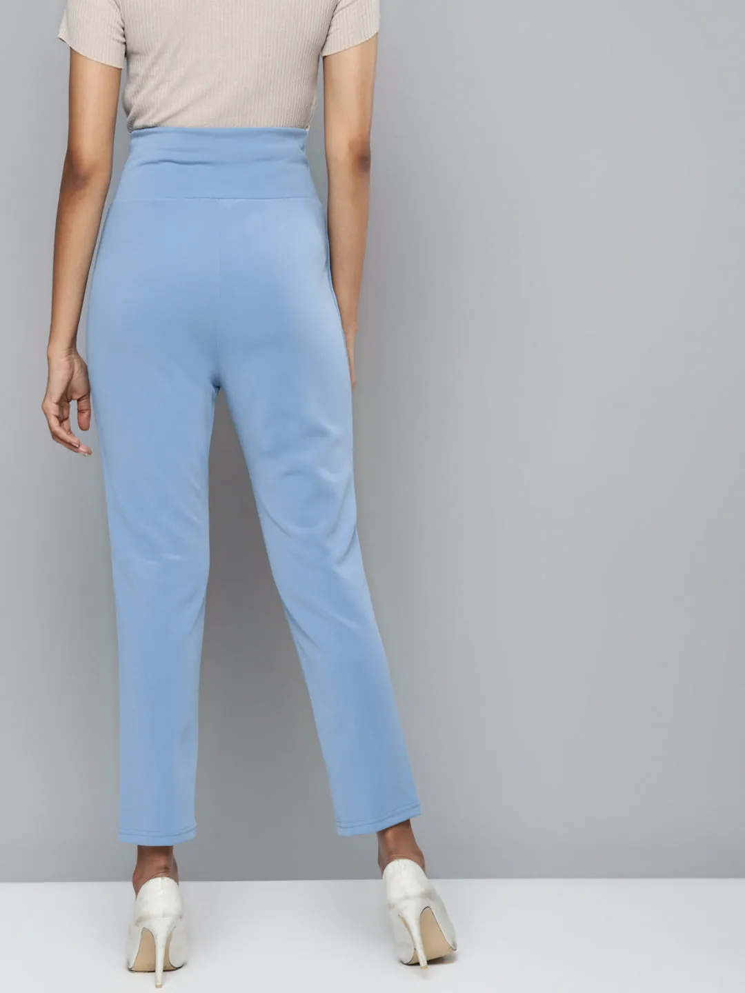 Blue Scuba Front Button High Waist Pants