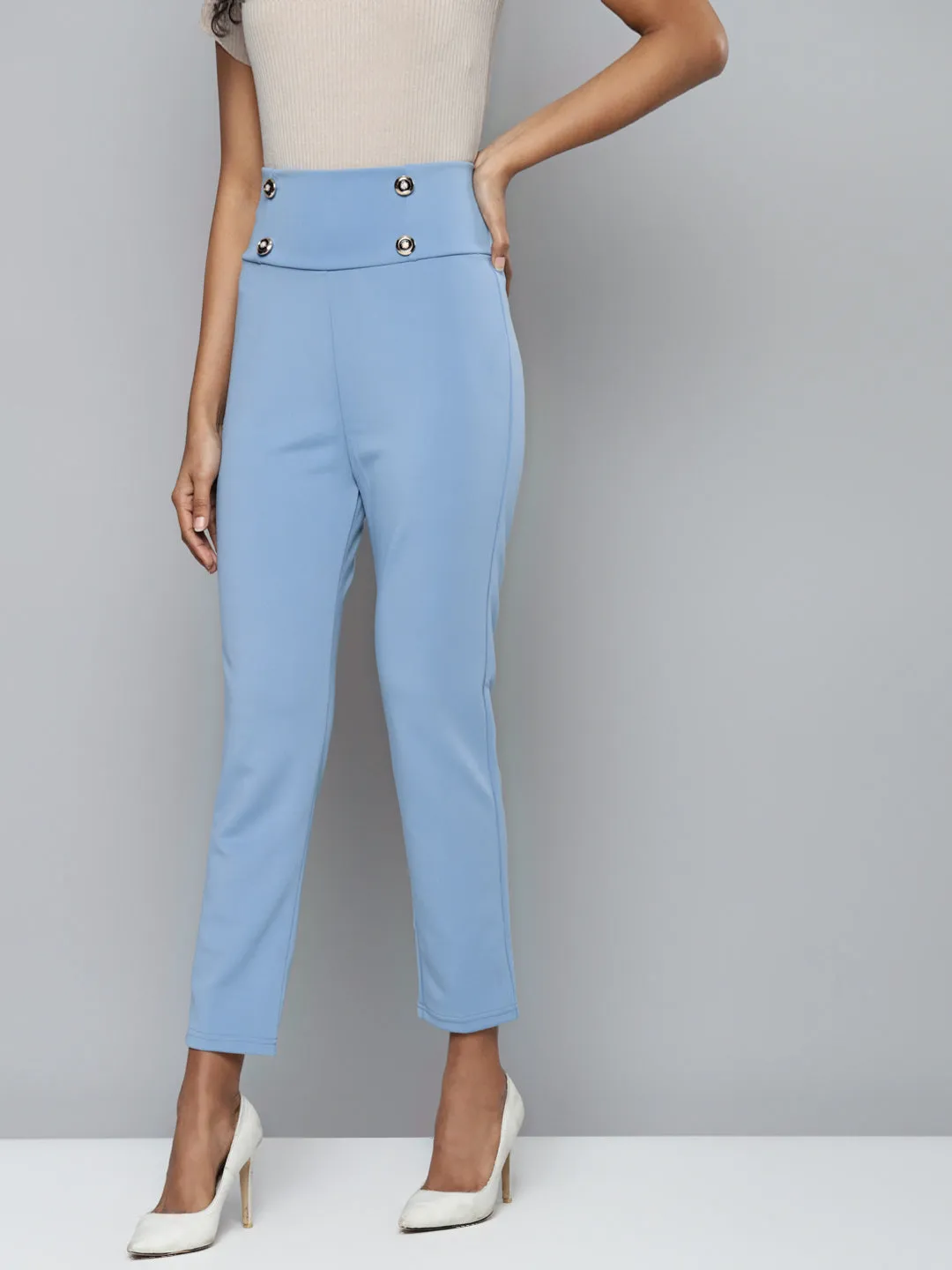 Blue Scuba Front Button High Waist Pants