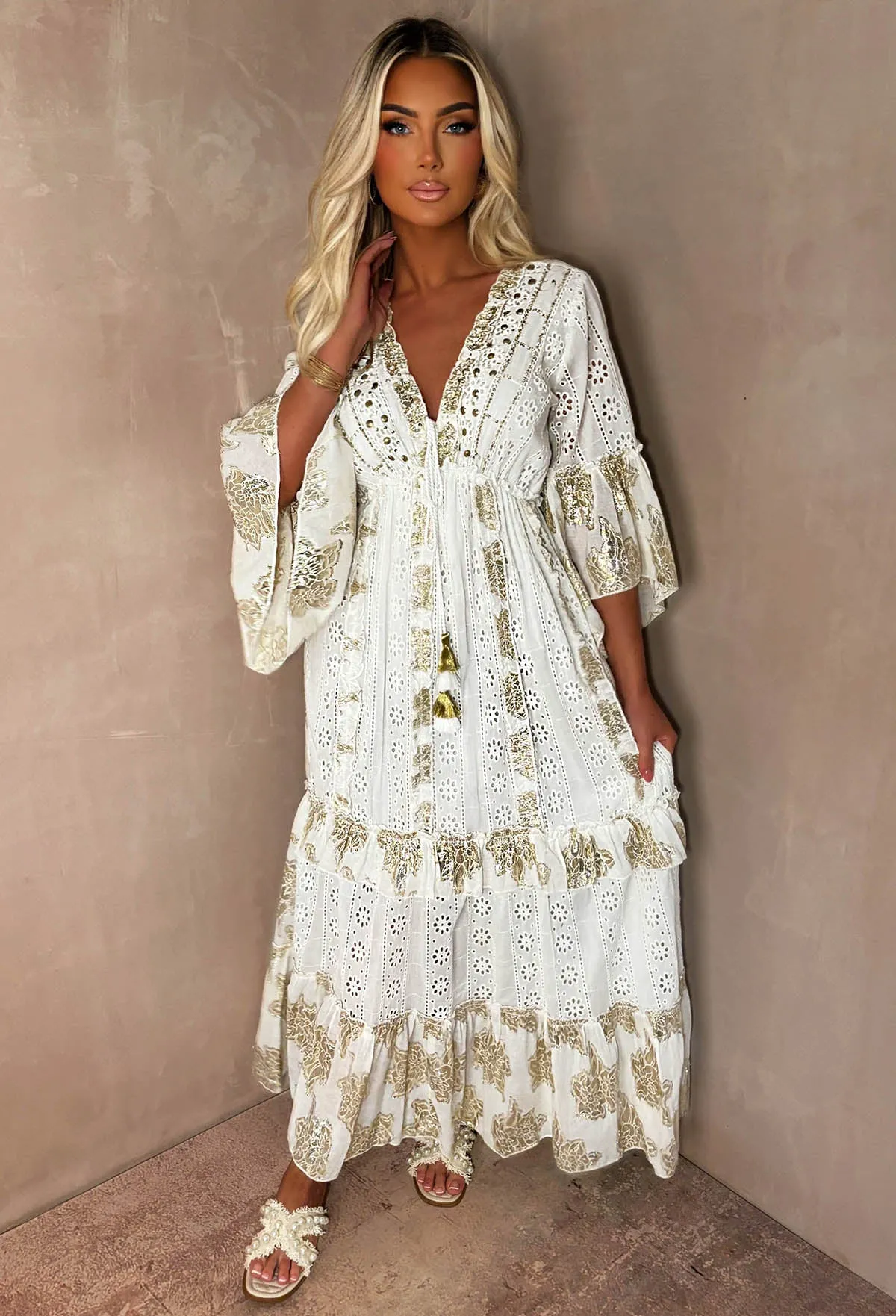 Bohemian Summer Cream Short Sleeve Embellished Embroidered Maxi Dress