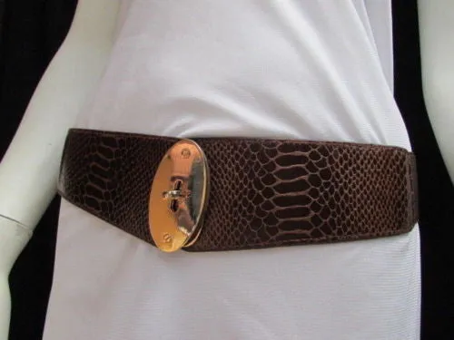 Brown Black Faux Leather Waist Hip Elastic Belt Big Gold Oval Buckle XS-M