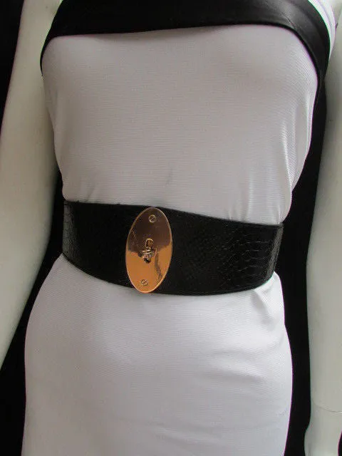 Brown Black Faux Leather Waist Hip Elastic Belt Big Gold Oval Buckle XS-M