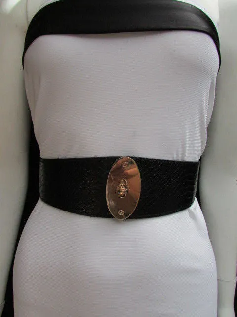 Brown Black Faux Leather Waist Hip Elastic Belt Big Gold Oval Buckle XS-M