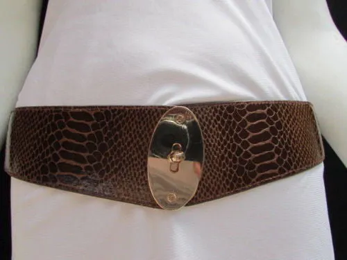 Brown Black Faux Leather Waist Hip Elastic Belt Big Gold Oval Buckle XS-M